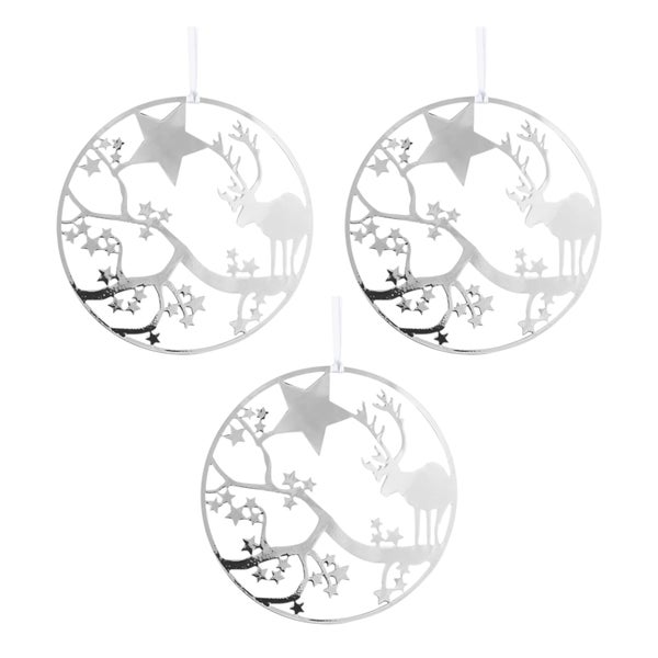 Drei runde Weihnachtsbaumschmuck-Anhänger mit Stern- und Hirschmotiven