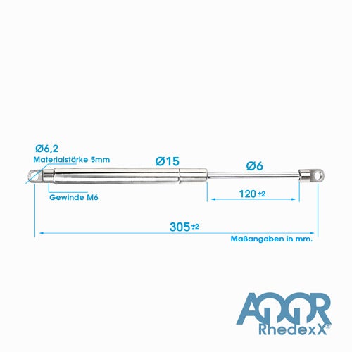 Gasdruckfeder: Länge 305 Millimeter, Hub 120 Millimeter, Durchmesser 15 und 6 Millimeter, Auge 6,2 Millimeter, Gewinde M6. AQOR Rhedexx Logo.