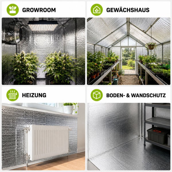 Anwendungsbeispiele für reflektierende Dämmfolie: Growroom mit Pflanzen, Gewächshaus mit Regalen, Heizkörperdämmung sowie Boden- und Wandschutz.