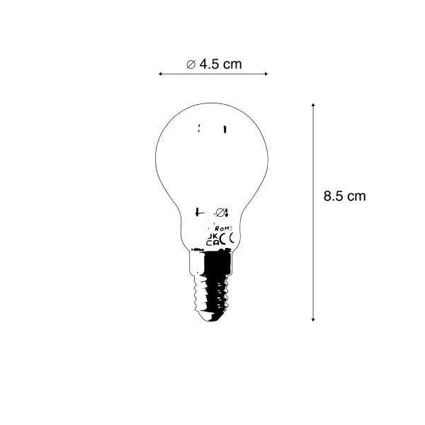 Technische Zeichnung eines Leuchtmittels mit einem Durchmesser von 4.5 Zentimetern und einer Höhe von 8.5 Zentimetern.