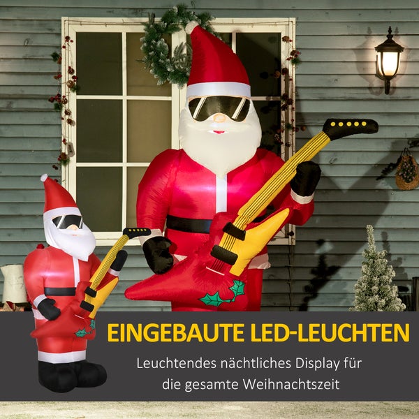 Outsunny 215 cm Aufblasbarer Weihnachtsmann mit E-Gitarre, LED Selbstaufblasend, 140L x 75B x 215H cm, Polyester, Rot
