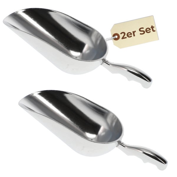 Zwei silberfarbene Futterschaufeln aus Metall im Set