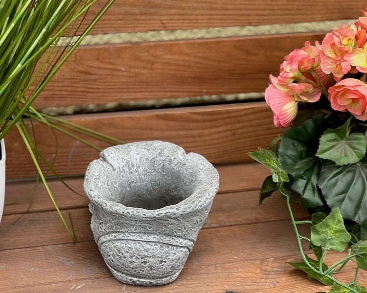 Kleiner Pflanztopf in grauer Steinoptik auf einer Holzbank, umgeben von grünen Pflanzen und Blumen.