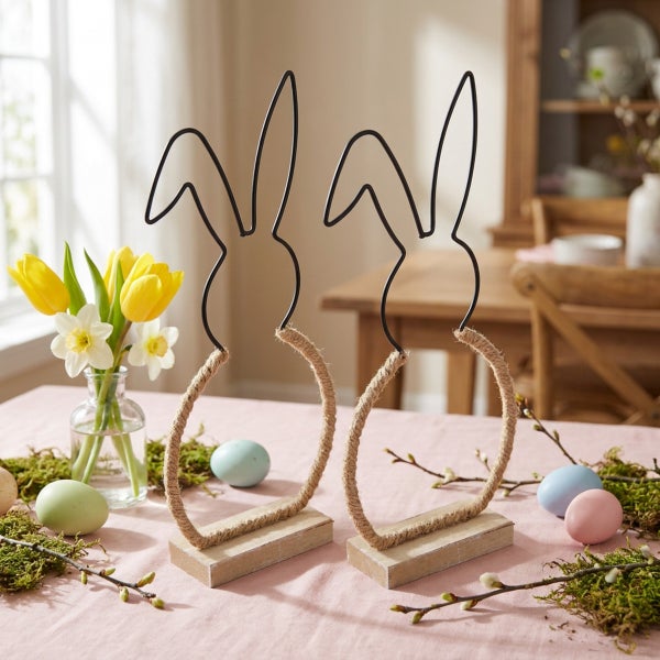 Zwei dekorative Osterhasen aus Metalldraht mit Juteseil und Holzsockel als Tischdekoration.