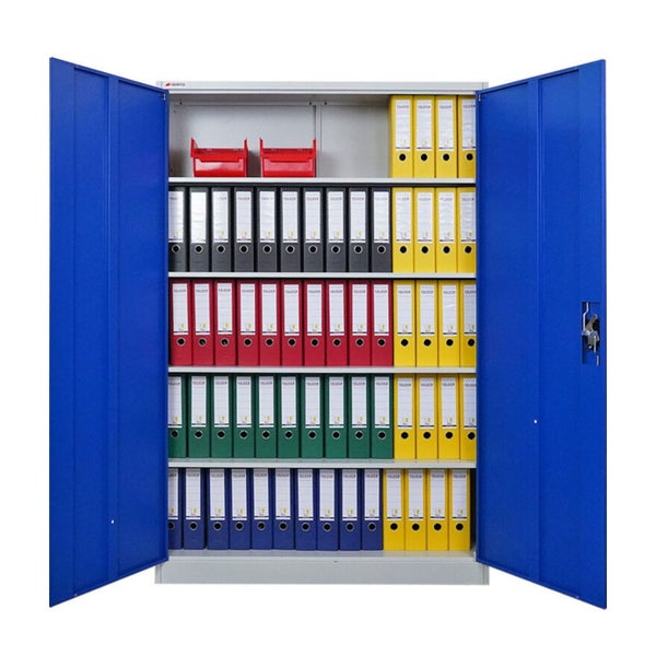 Geöffneter, blauer Flügeltürenschrank mit Aktenordnern