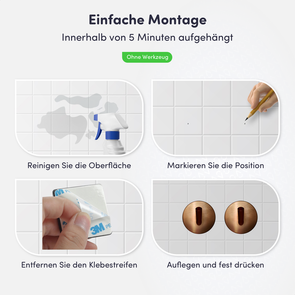 Anleitung zur Montage von Wandhaken ohne Werkzeug: Oberfläche reinigen, Position markieren, Klebestreifen abziehen und festdrücken.