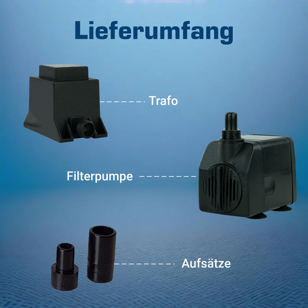 Lieferumfang einer Teichpumpe inklusive Transformator, Filterpumpe und zwei Aufsätzen.