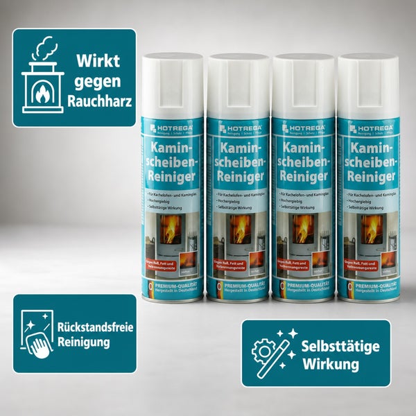 Vier Spraydosen Hotrega Kaminscheibenreiniger für die effektive Reinigung von Kachelofen und Kaminglas gegen Ruß und Fett mit selbsttätiger Wirkung.