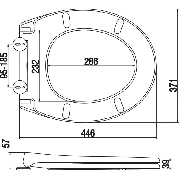 Technische Zeichnung eines WC-Sitzes mit Bemaßung