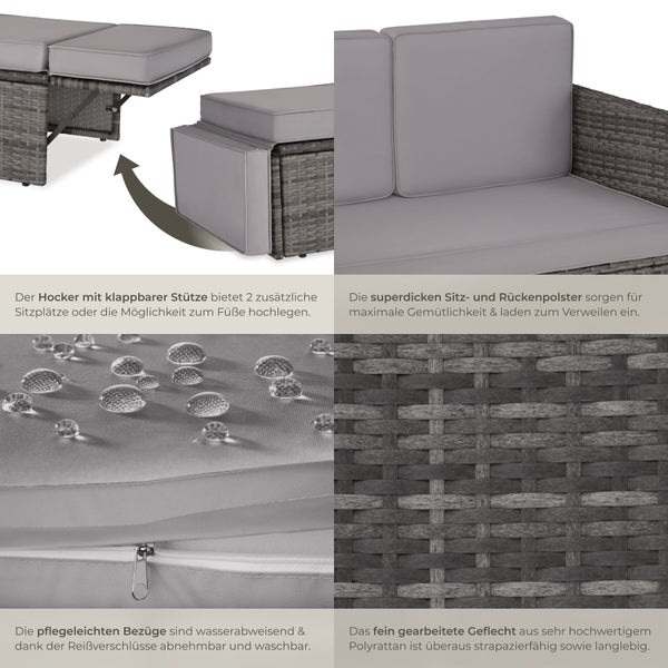 Details eines Polyrattan Garten-Lounge-Sets: klappbarer Hocker, dicke Sitzpolster, wasserabweisender Bezug mit Reißverschluss und Polyrattan-Geflecht.