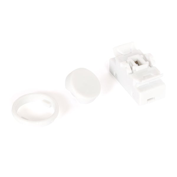 Set aus Kunststoffkomponenten für einen Tastschalter mit Montagering, Tastenkappe und Schaltmodul.