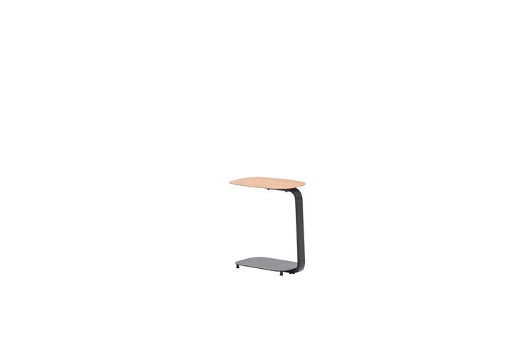 Beistelltisch in C-Form mit Holzplatte und schwarzem Metallgestell.