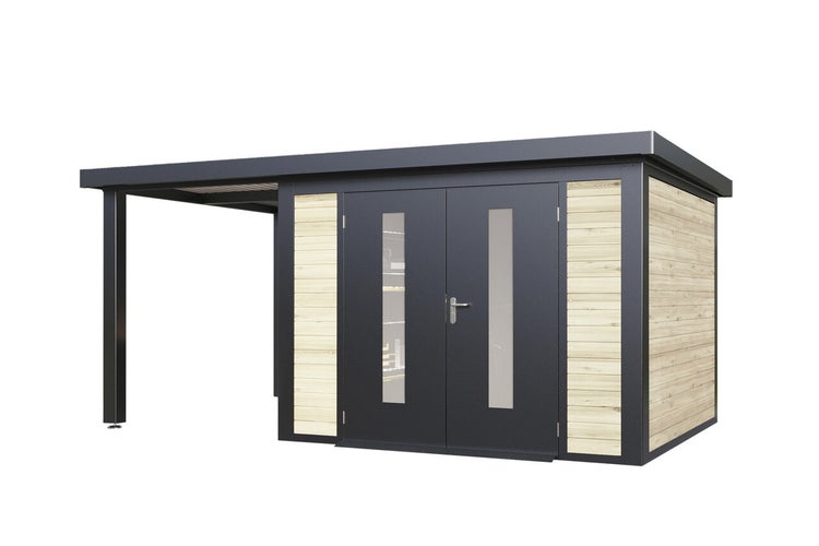 Modernes Gartenhaus mit Flachdach und angebautem Schleppdach, gefertigt aus Holz und Metall, mit Doppelflügeltür inklusive Glaseinsätzen.