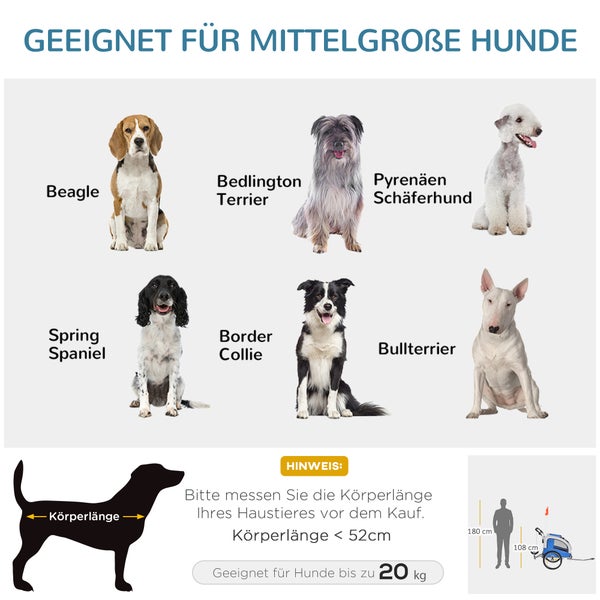 PawHut Fahrradanhänger, 155L x 83B x 108H cm, 600D Oxford, Stahl, Blau+Grau