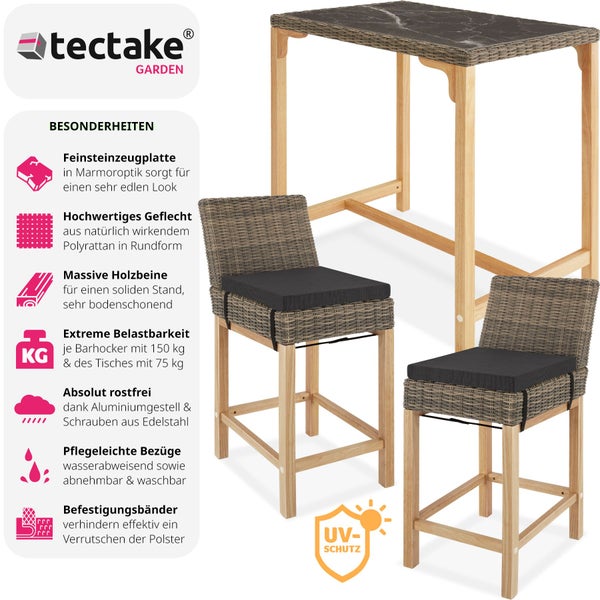 Rattan Tisch Kutina mit 2 Stühlen Latina tectake  Beine aus Holz mit Aluminiumgestellen natur