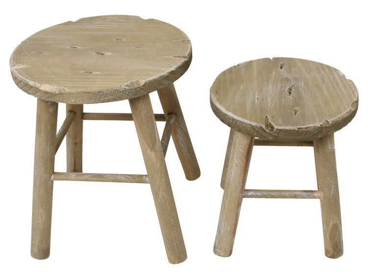 FRANK FLECHTWAREN | Holzhocker Rund, 2er Set, PINIE, Ø 25 x 28 cm, Ø 30 x 34 cm