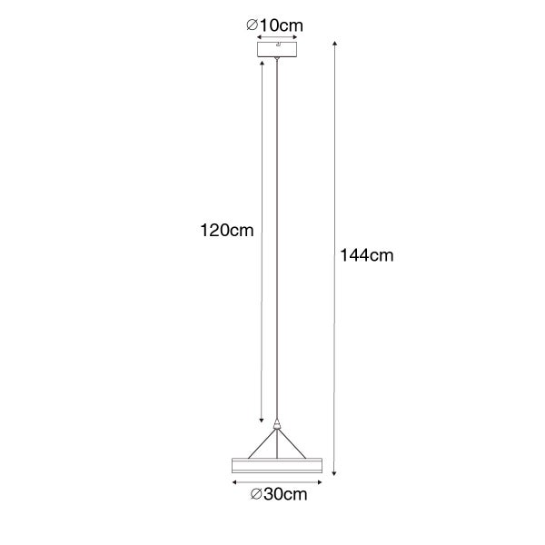 Technische Zeichnung einer Pendelleuchte mit Durchmesser 30 cm und einer Höhe von 144 cm.