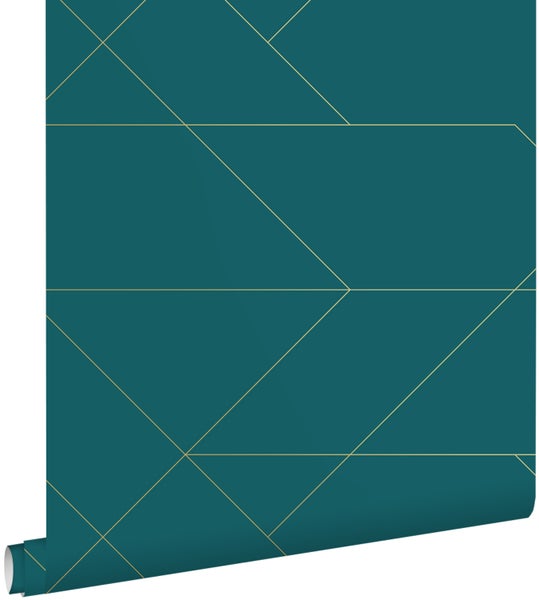 ESTAhome Tapete grafische Linien Petrolblau und Gold - 53 cm x 10.05 m - 139454