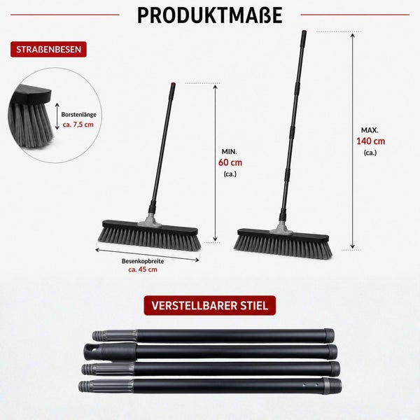 Maßzeichnung eines Straßenbesens mit verstellbarem Stiel, Borstenlänge circa 7,5 Zentimeter und Besenkopfbreite circa 45 Zentimeter.