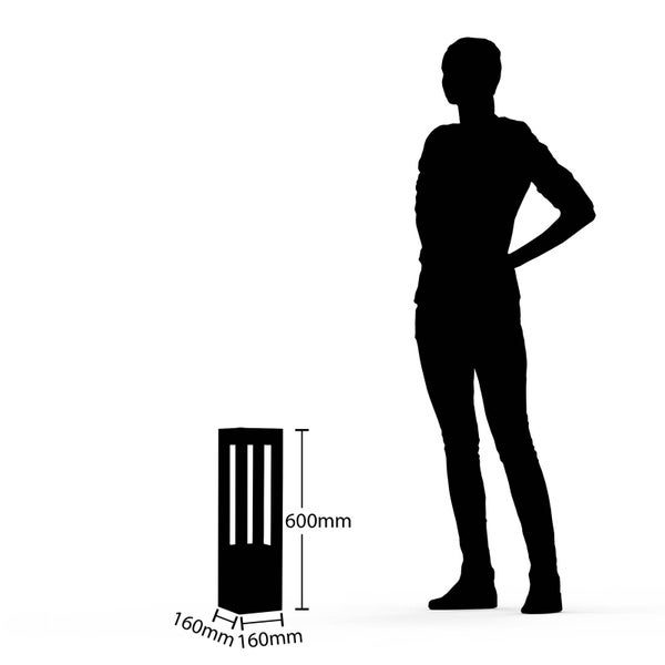 Größenvergleich einer Wegeleuchte mit 600 Millimeter Höhe und 160 Millimeter Breite neben einer menschlichen Silhouette.