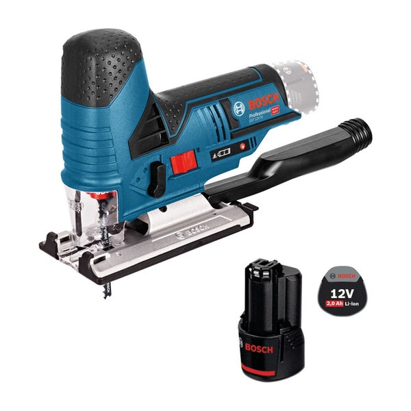 Akku-Stichsäge Bosch Professional GST 12V-70 mit Absaugadapter und 12 Volt 2,0 Amperestunden Lithium-Ionen-Akku.