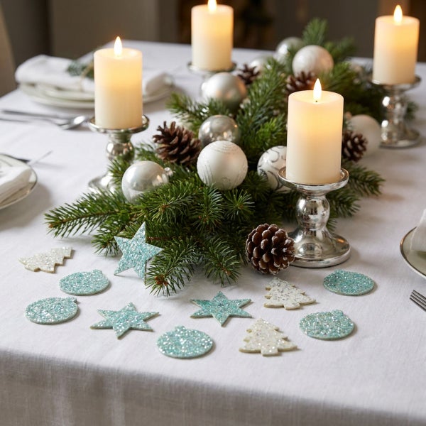 Festlich dekorierter Weihnachtstisch mit Tannengrün, Kerzenhaltern, Stumpenkerzen, Weihnachtskugeln, Zapfen und glitzernden Streudekorationen.