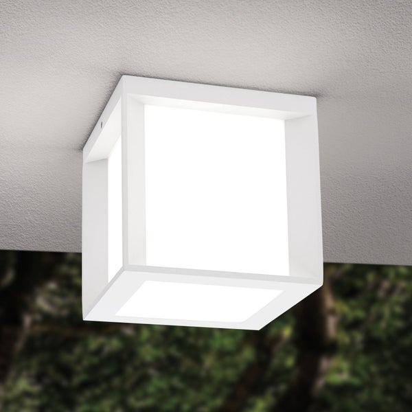 Quadratische LED-Außen-Deckenleuchte in Weiß, würfelförmig, modernes Design.