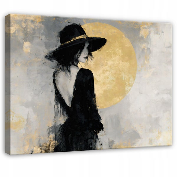 Wandbild auf Leinwand mit abstrakter Darstellung einer Frau mit Hut vor einem Vollmond.