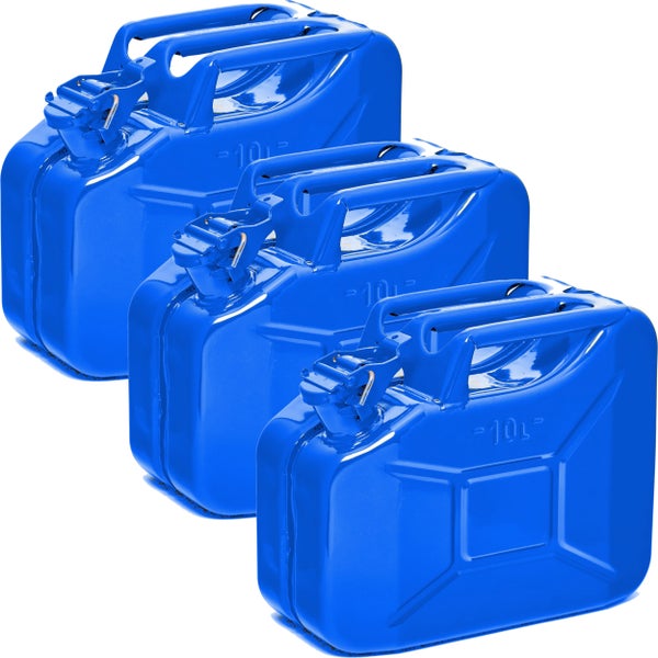 Drei blaue 10-Liter-Kraftstoffkanister aus Metall