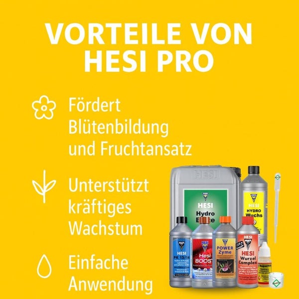 Produktübersicht von Hesi Pflanzendüngern mit Vorteilen: Förderung von Blüten und Früchten, Unterstützung des Wachstums und einfache Anwendung.