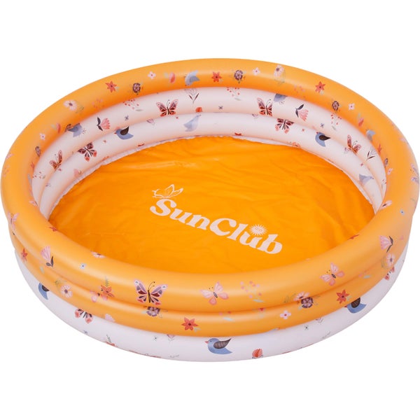 Aufblasbares SunClub Kinderplanschbecken mit drei Ringen sowie Mustern aus Schmetterlingen und Vögeln.