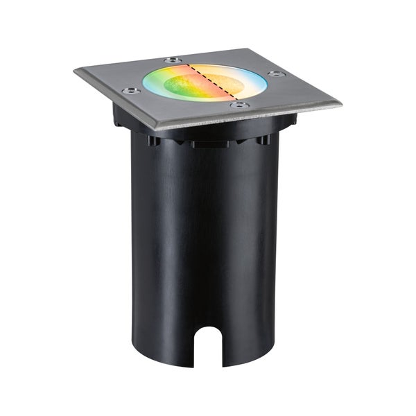 Quadratischer Bodeneinbaustrahler aus Edelstahl mit mehrfarbigem, rundem Lichtaustritt und schwarzem Gehäuse.