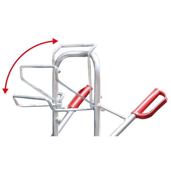 Detailansicht des Klappmechanismus einer Sackkarre aus Metall mit roten Griffen und Richtpfeil zur Darstellung der Beweglichkeit.