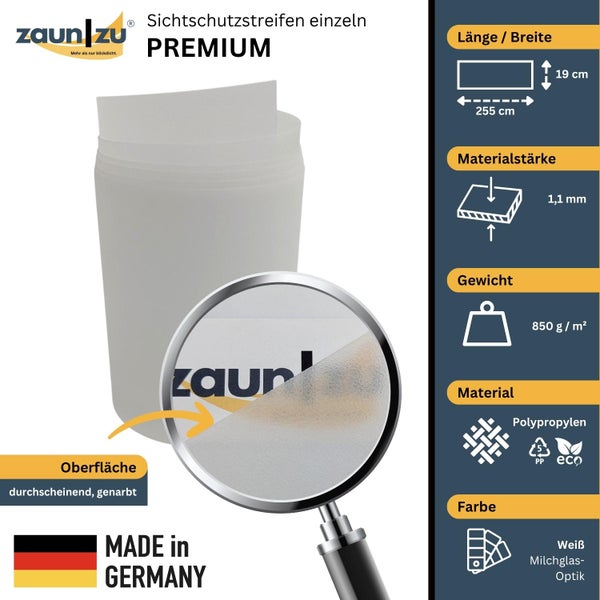 Zaun zu Sichtschutzstreifen Premium, Länge 255 cm, Breite 19 cm, Stärke 1,1 mm, Gewicht 850 g pro Quadratmeter, aus Polypropylen, Farbe Weiß Milchglas Optik, Made in Germany