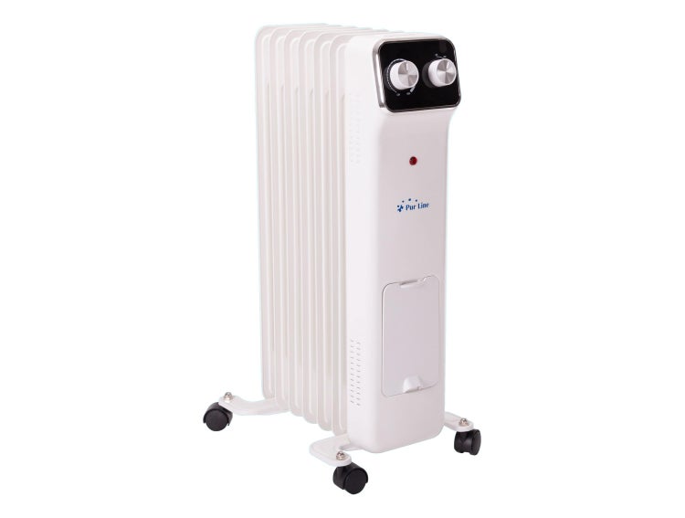 Weißer Ölradiator mit Rollen und Reglern