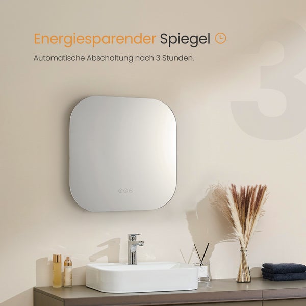 Energiesparender, quadratischer Badezimmerspiegel mit abgerundeten Ecken, Touch-Bedienung und Abschaltautomatik nach drei Stunden über Waschbecken.