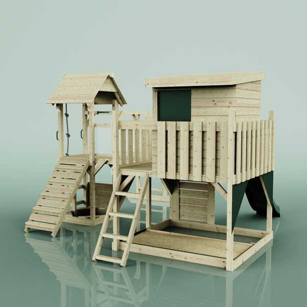 Spielanlage aus Holz mit Rutsche, Leiter und Schaukel