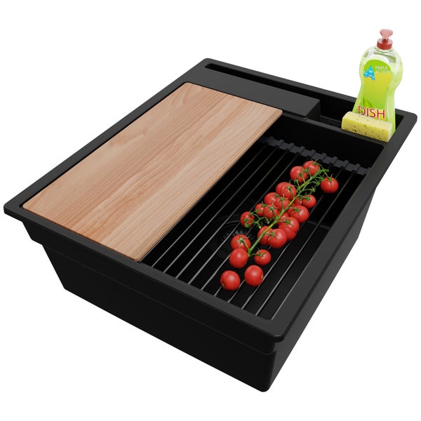 PRIMAGRAN Granitspüle Schwarz 78x50cm, Spülbecken 1 Becken + Küchenarmatur 40x38cm + Ablauf-Set + Schneidebrett, Küchenspüle ab 50er Unterschrank - Kopenhagen