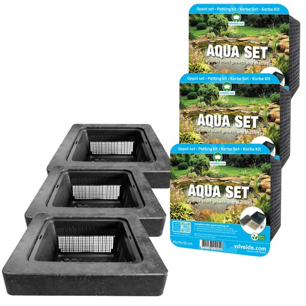 Dreier-Set Teichpflanzkörbe Aqua Set von vdvelde.com inklusive Substrat und Kies für gesundes Pflanzenwachstum im Gartenteich.