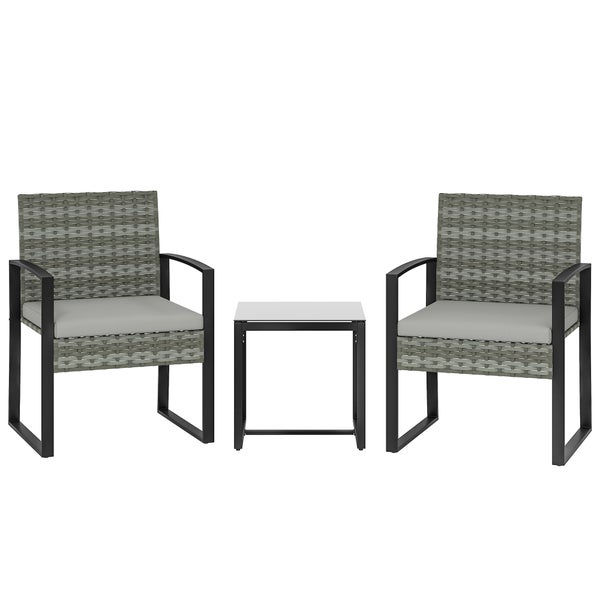 Dreiteiliges Bistro-Set bestehend aus zwei Gartenstühlen mit Geflecht und Sitzkissen sowie einem quadratischen Beistelltisch.