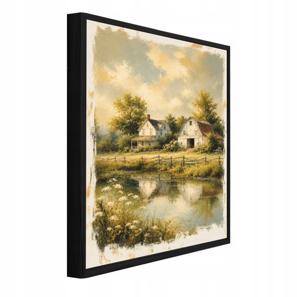 Gerahmtes Wandbild mit einer ländlichen Szene bestehend aus einem Wohnhaus und einer Scheune am Seeufer in einer Ansicht von der Seite.