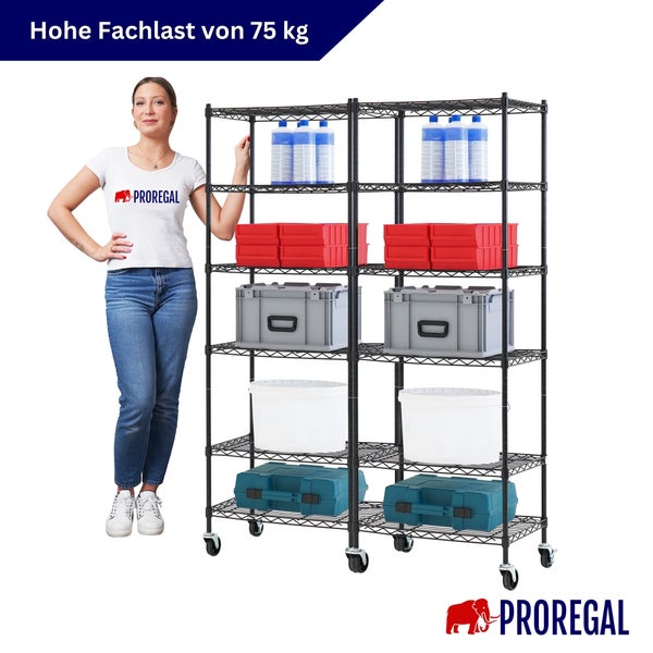 Person neben einem schwarzen Gitterregal auf Rollen mit sechs Ebenen, beladen mit Lagerbehältern, Fachlast 75 Kilogramm, Proregal Logo.