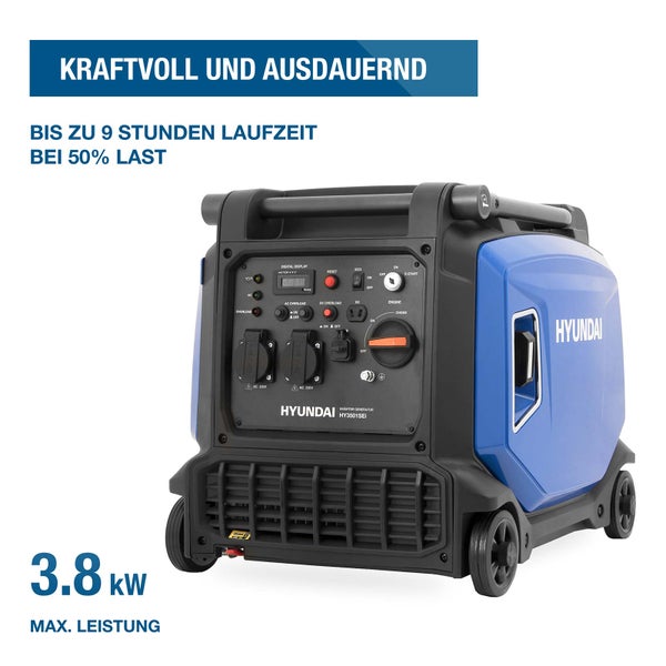 Hyundai Inverter Stromerzeuger HY3501SEI mit 3.8 Kilowatt Leistung und 9 Stunden Laufzeit bei 50 Prozent Last für mobile Stromversorgung.