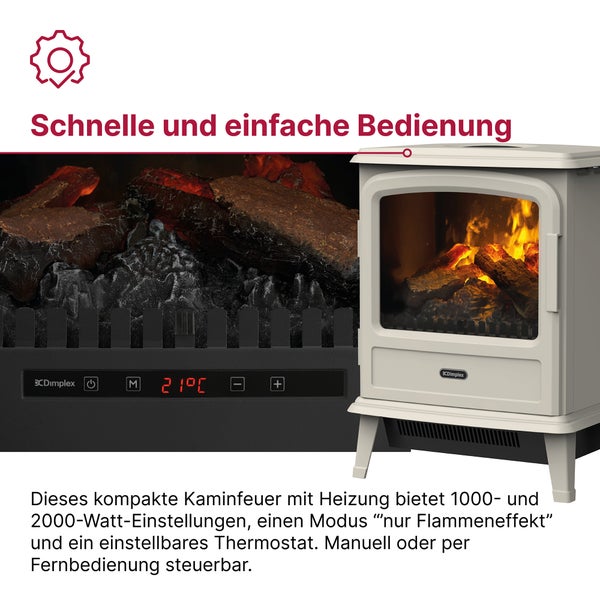 Elektrischer Kaminofen von Dimplex mit digitalem Bedienfeld, 1000 oder 2000 Watt Heizleistung, Thermostat und realistischem Flammeneffekt.