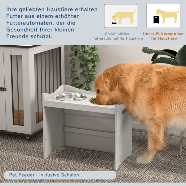 PawHut Futternapf Höhenverstellbar, Erhöhtes Futterstation mit 2L Futterschale aus Edelstahl, mit Futterständer, Griff, Hundebar für alle Hundegrößen, Weiß