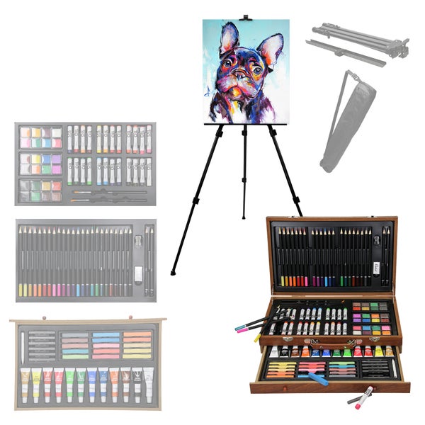 ECD Germany Malset 112 teilig mit Staffelei klappbar, Malkoffer Künstler Set Acryl & Zeichenset, Buntstifte, Leinwand, Pinselset, Wasserfarben, Pastellkreide, Großes Kreativ Set für alle Altersklassen