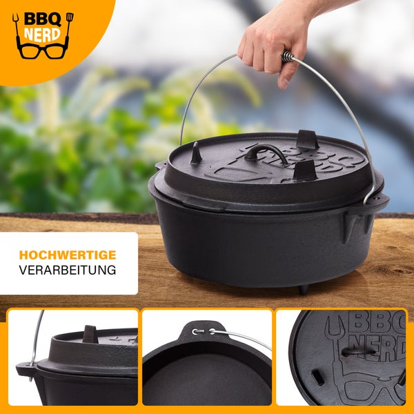 BBQ-Nerd Dutch Oven Professional 9,0L mit Füßen | bereits eingebrannt - preseasoned | Gusseisen Feuertopf mit Deckel und integr. Bratpfanne | Feuerfester Grill & Camping Kochtopf inkl. Deckelheber