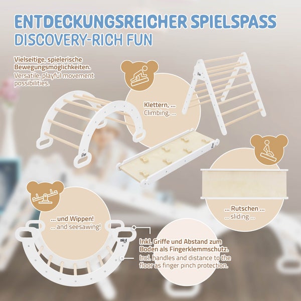 Holz-Indoorspielset für Kinder mit Kletterdreieck, Kletterbogen und Wendekletterbrett zum Klettern, Rutschen und Wippen mit Fingerklemmschutz.