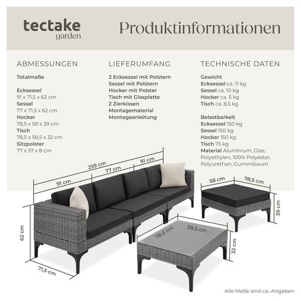 tectake Gartenlounge Set mit Maßen und Produktinformationen