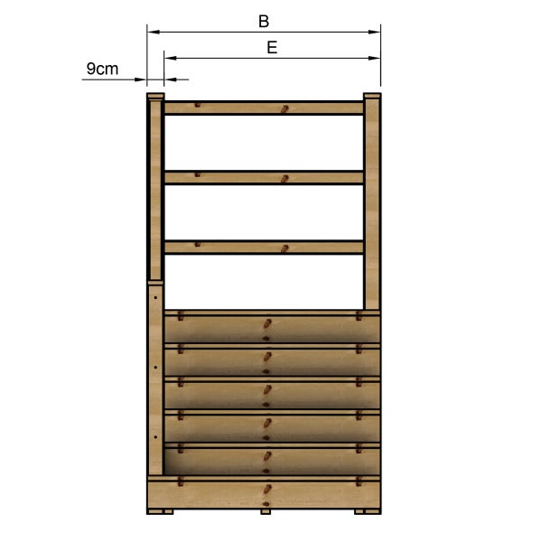 Technische Zeichnung eines Holzregals mit offenem oberen Bereich und geschlossenem unteren Bereich
